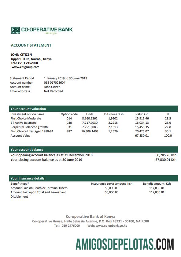 Modelo de comprovante de endereço do Kenya Co Operative Bank para download em formato Word e PDF, formato .doc e .pdf
